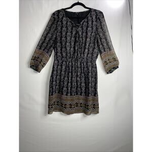Madewell Sz 10 Black Damask Print Allover Cinched Waist Mini Dress Long Sleeve